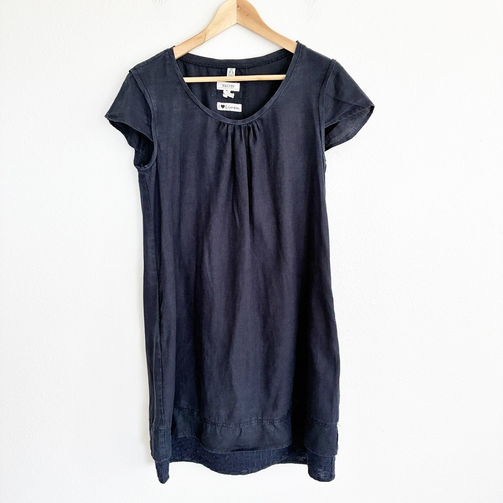 Malvin I Love Linen Mini Shift Dress Women 8 M Blue Embroidered Eyelet Hem